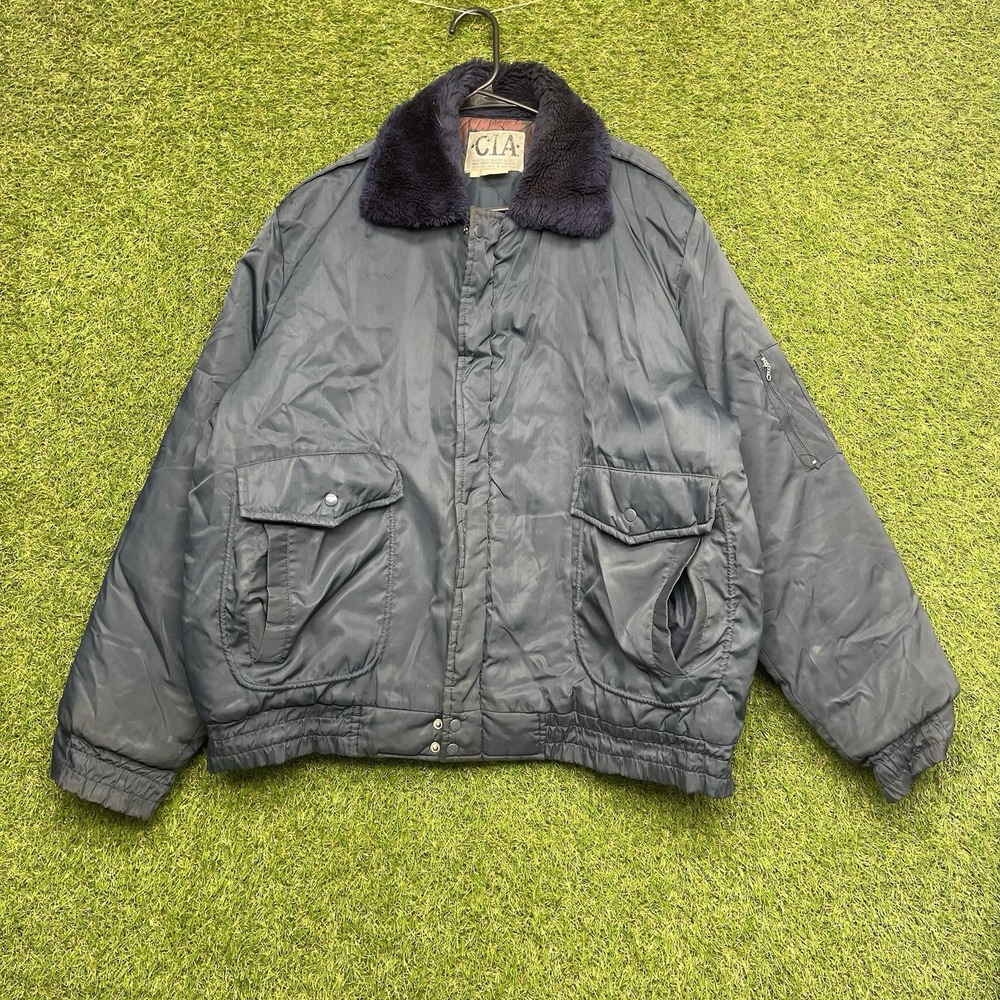 Vintage CIA Flight Jacket Mens Size 2XL XXL Blue Fur Collar Puffer Work Zip Up
